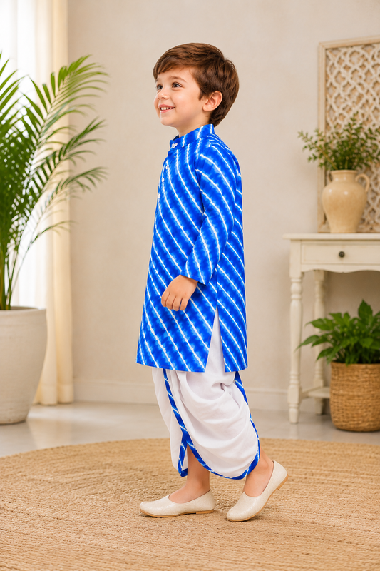 Boys Royal Blue Cotton Leheriya Print Kurta Dhoti Set