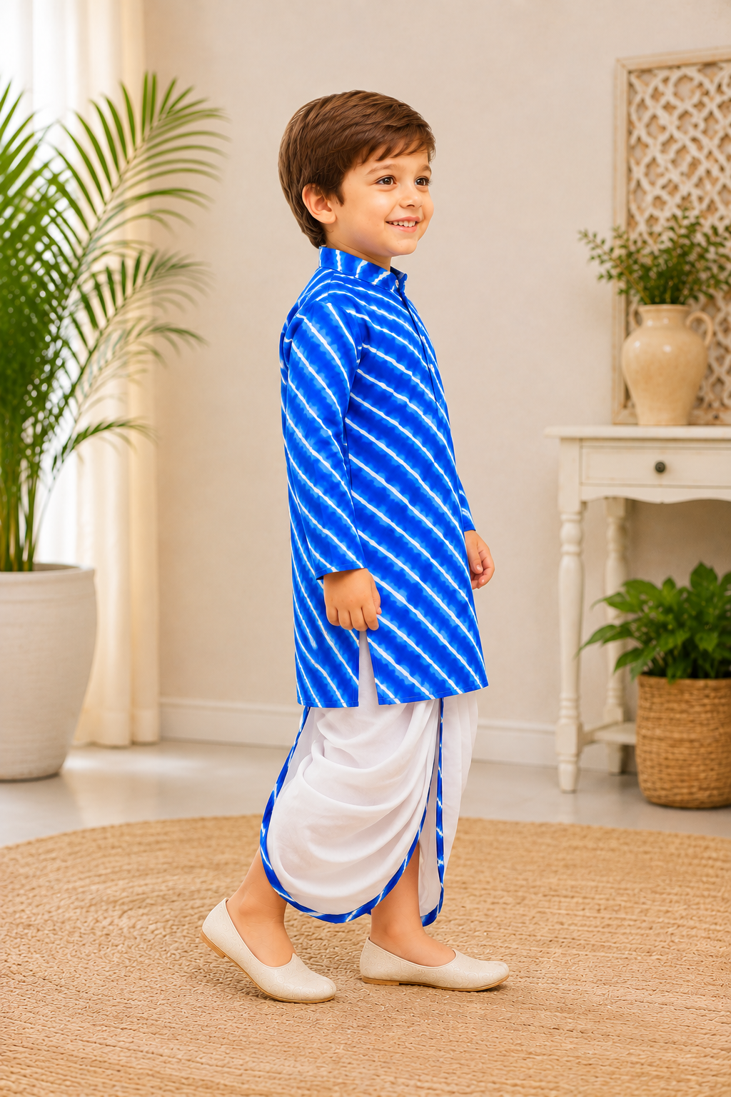 Boys Royal Blue Cotton Leheriya Print Kurta Dhoti Set - Nakh Clothing