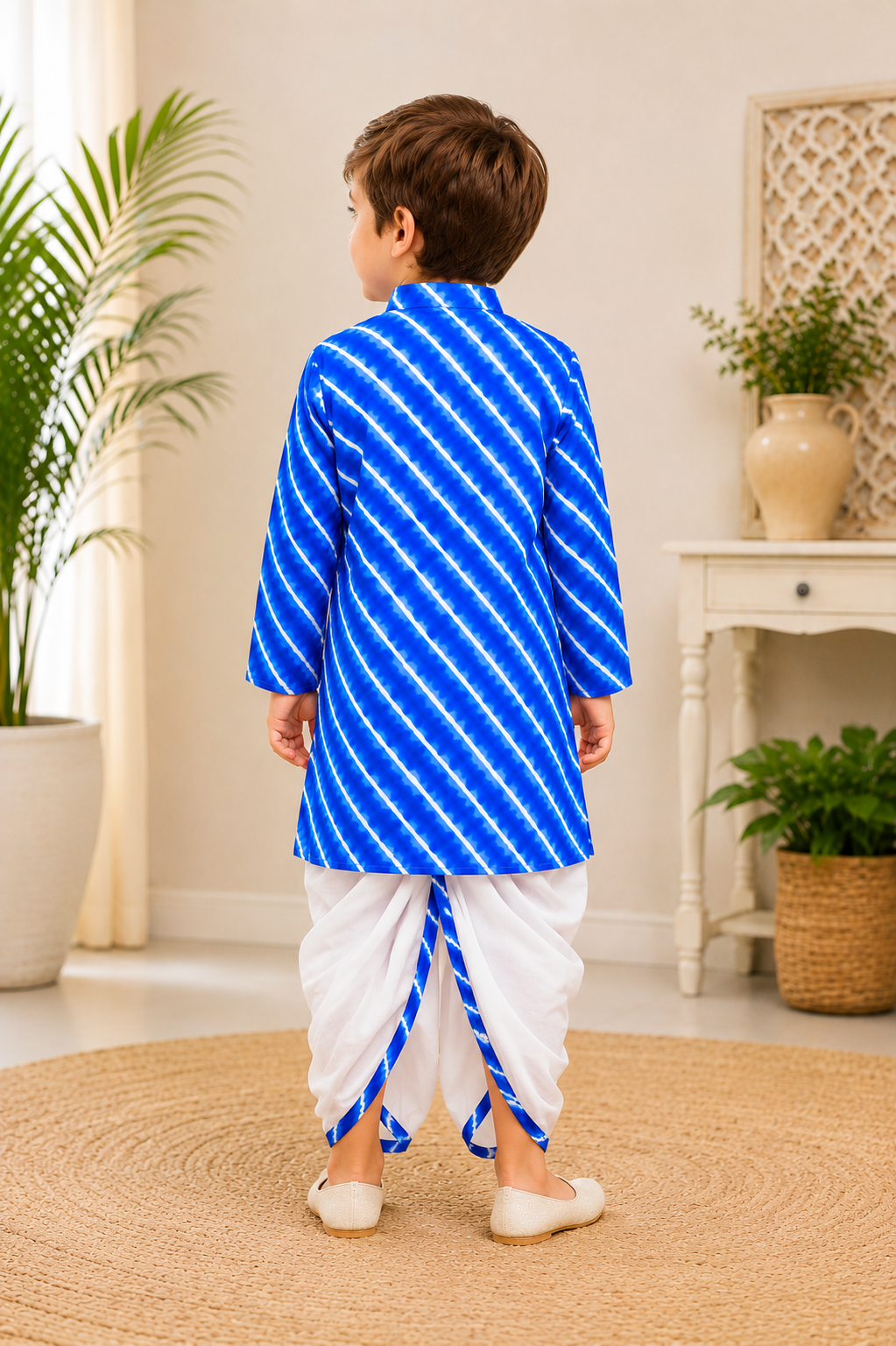 Boys Royal Blue Cotton Leheriya Print Kurta Dhoti Set - Nakh Clothing