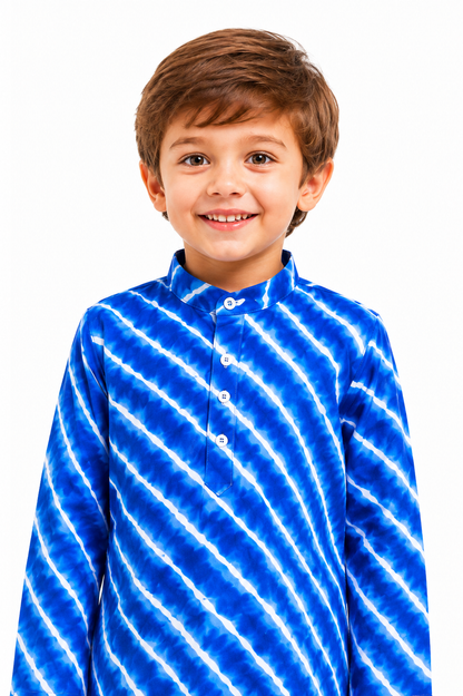 Boys Royal Blue Cotton Leheriya Print Kurta Dhoti Set - Nakh Clothing