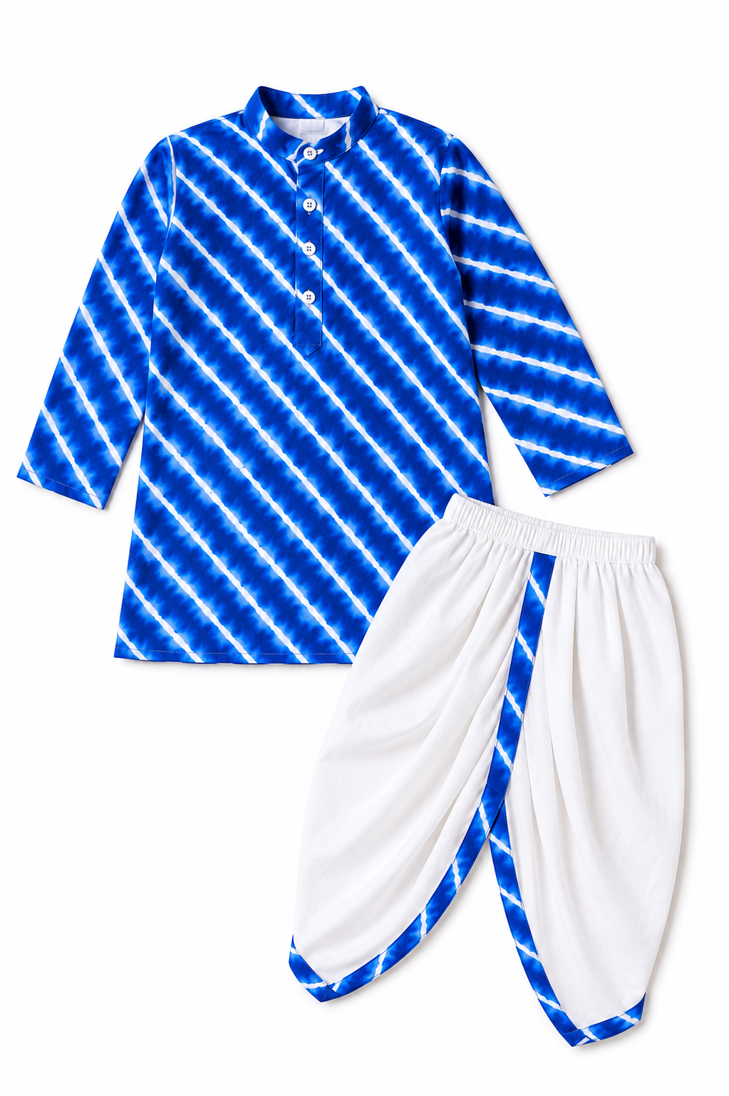 Boys Royal Blue Cotton Leheriya Print Kurta Dhoti Set - Nakh Clothing