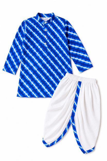 Boys Royal Blue Cotton Leheriya Print Kurta Dhoti Set - Nakh Clothing