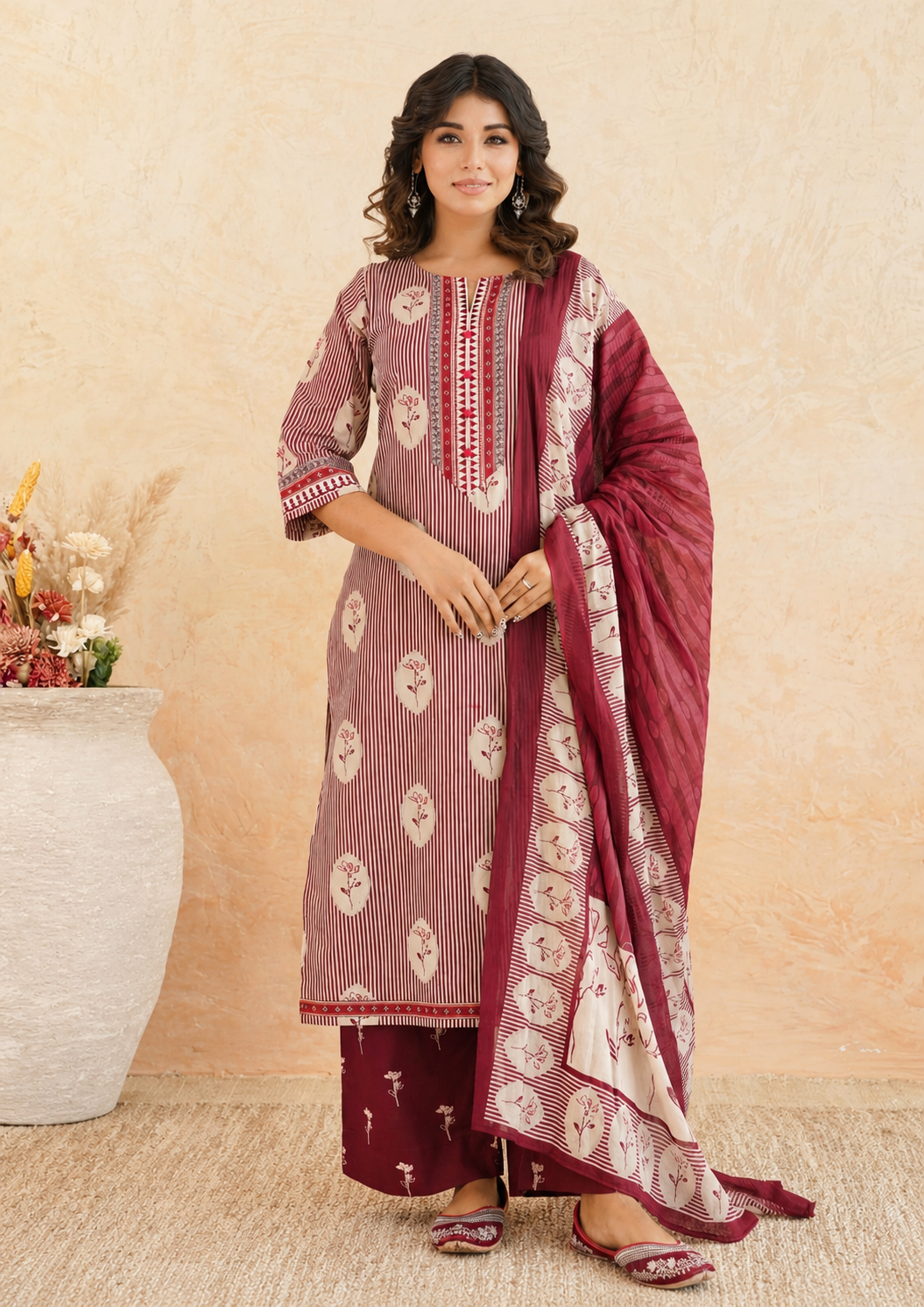 Maroon Cotton Printed Kurta Pant Dupatta Set with Embroidered Yoke