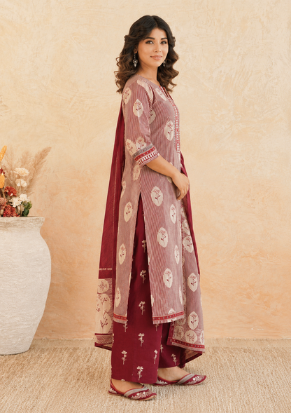Maroon Cotton Printed Kurta Pant Dupatta Set with Embroidered Yoke