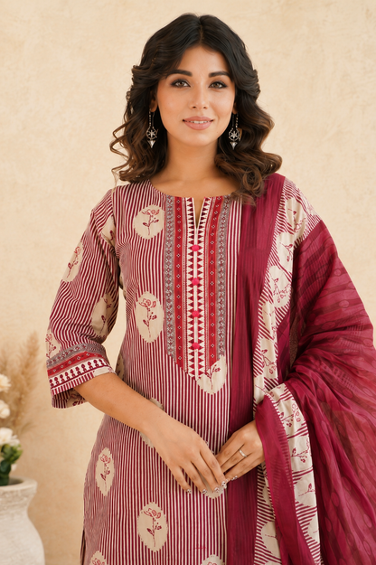 Maroon Cotton Printed Kurta Pant Dupatta Set with Embroidered Yoke