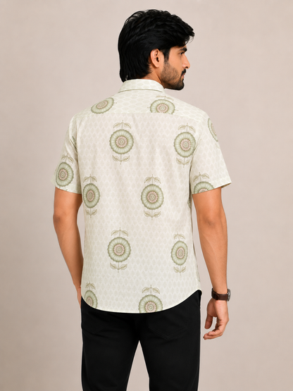 Ecru Floral Print Cotton Shirt for Men – Short Sleeve