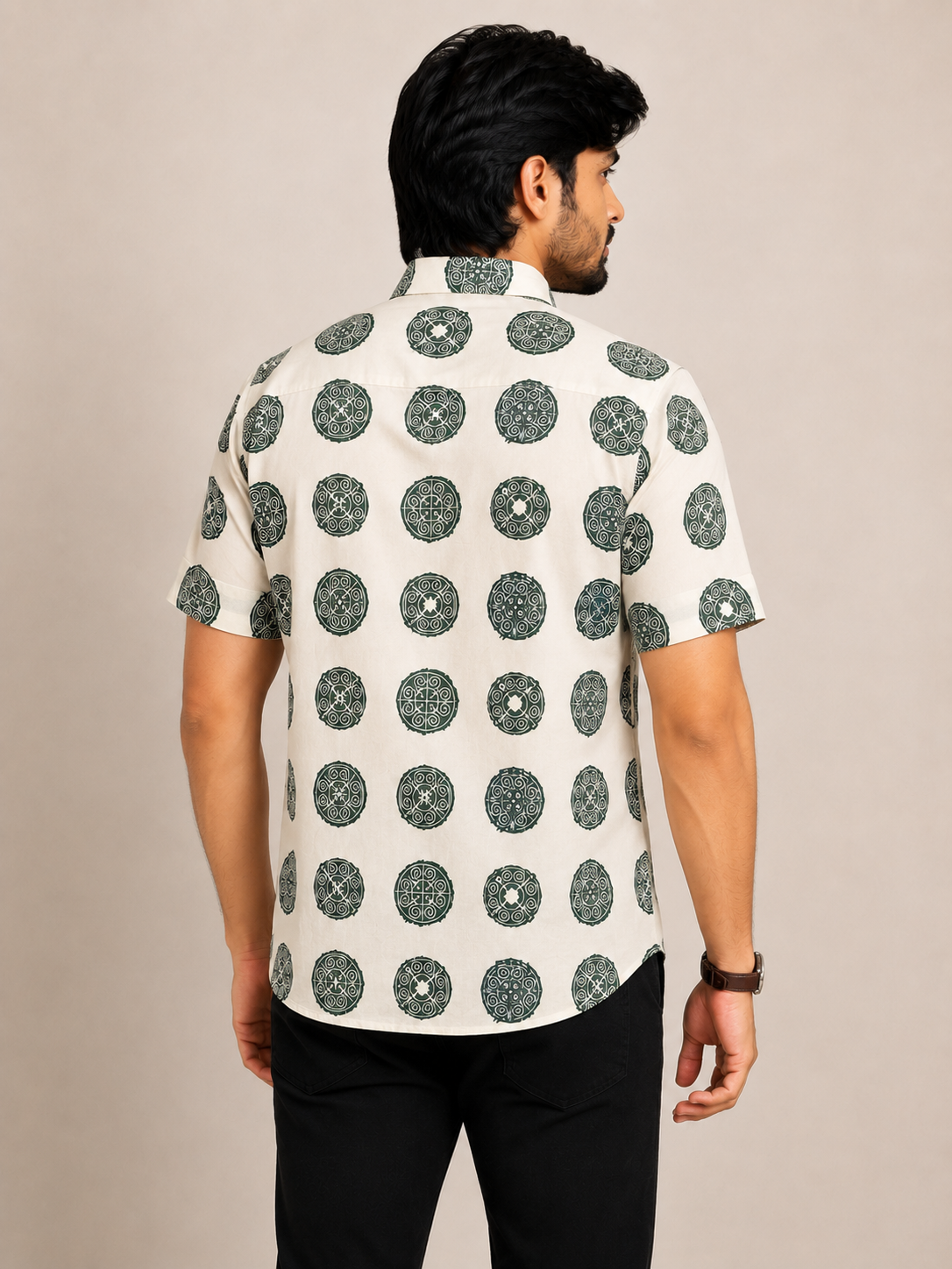 Men's Ecru Green Medallion Print Cotton Shirt – Short Sleeve