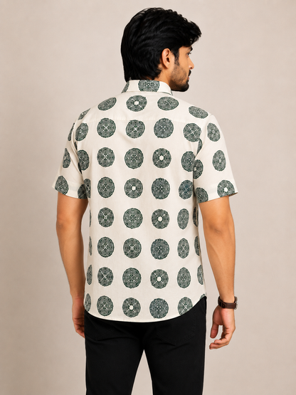 Men's Ecru Green Medallion Print Cotton Shirt – Short Sleeve