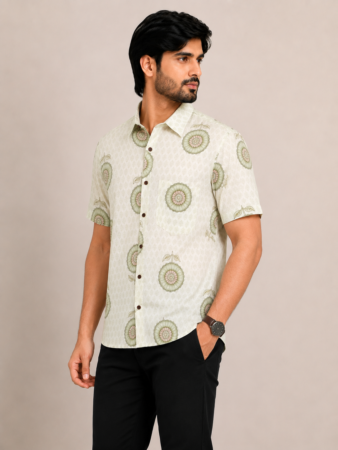 Ecru Floral Print Cotton Shirt for Men – Short Sleeve