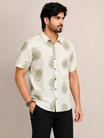 Ecru Floral Print Cotton Shirt for Men – Short Sleeve