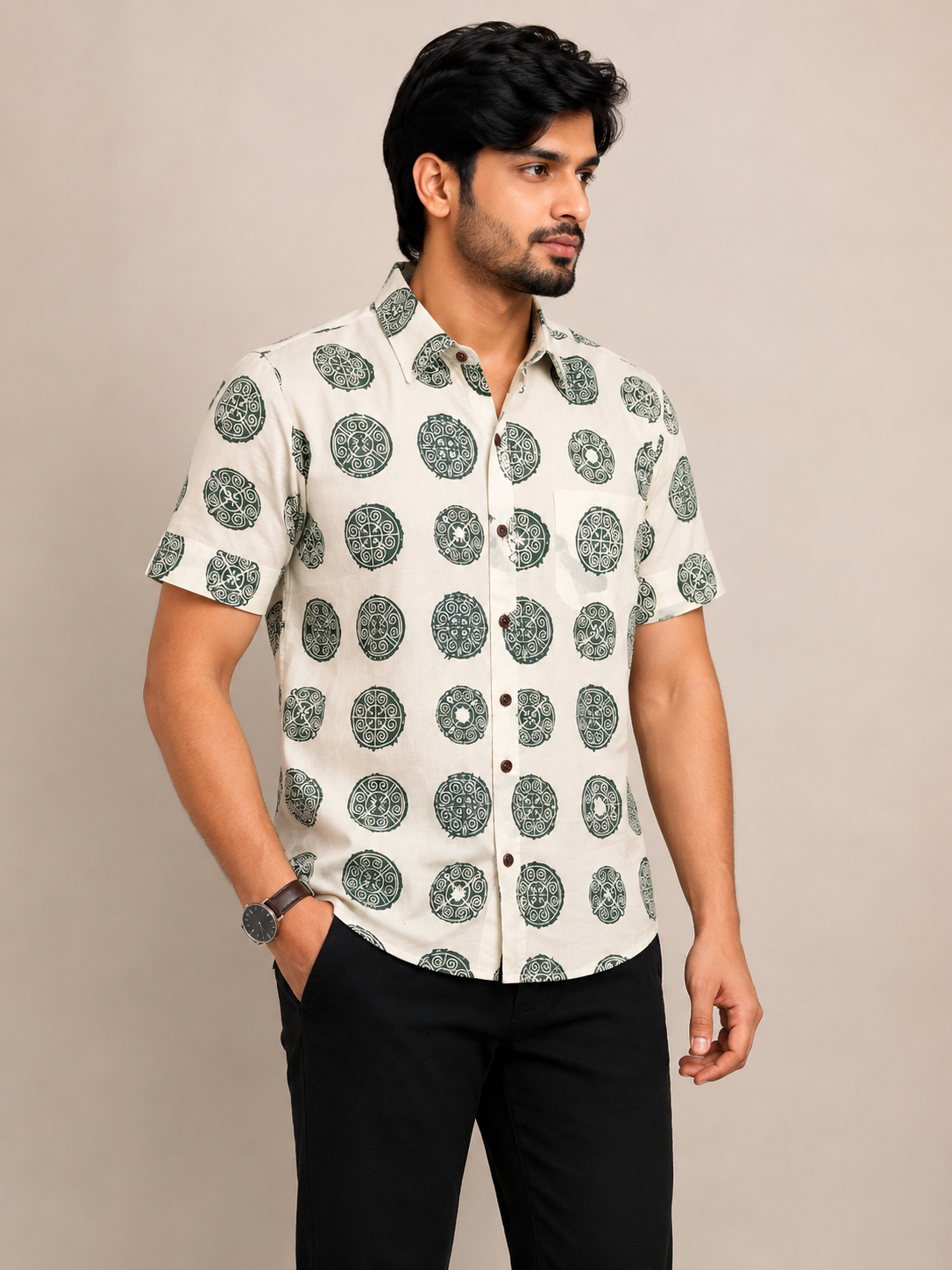 Men's Ecru Green Medallion Print Cotton Shirt – Short Sleeve