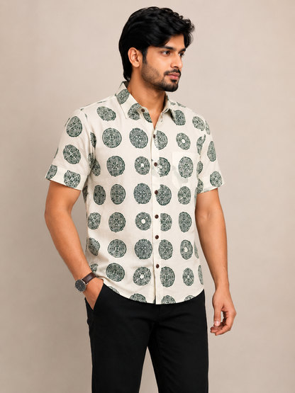 Men's Ecru Green Medallion Print Cotton Shirt – Short Sleeve