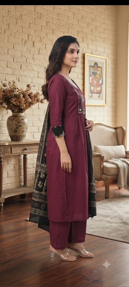 Wine Maroon Cotton Anarkali Suit Set with Printed Dupatta | Women's Ethnic Wear