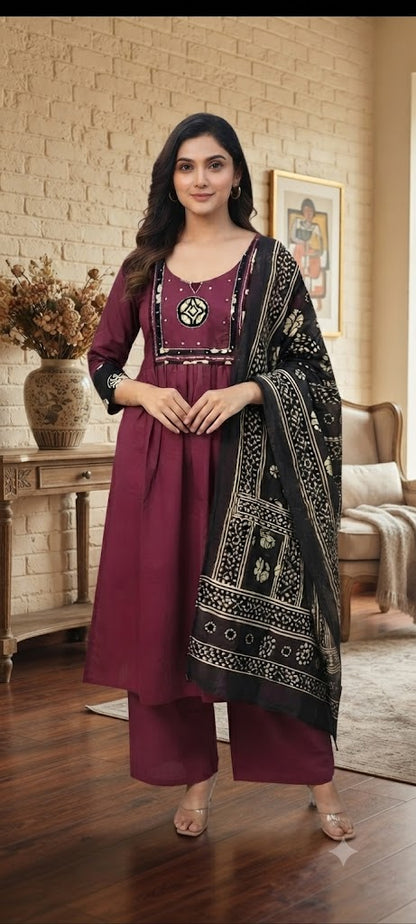 Wine Maroon Cotton Anarkali Suit Set with Printed Dupatta | Women's Ethnic Wear