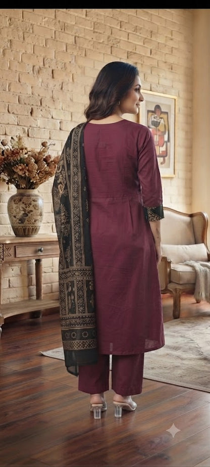 Wine Maroon Cotton Anarkali Suit Set with Printed Dupatta | Women's Ethnic Wear