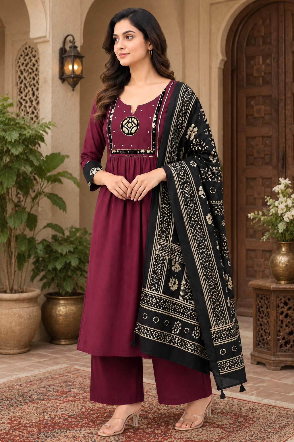 Wine Maroon Cotton Anarkali Suit Set with Printed Dupatta | Women's Ethnic Wear - Nakh Clothing