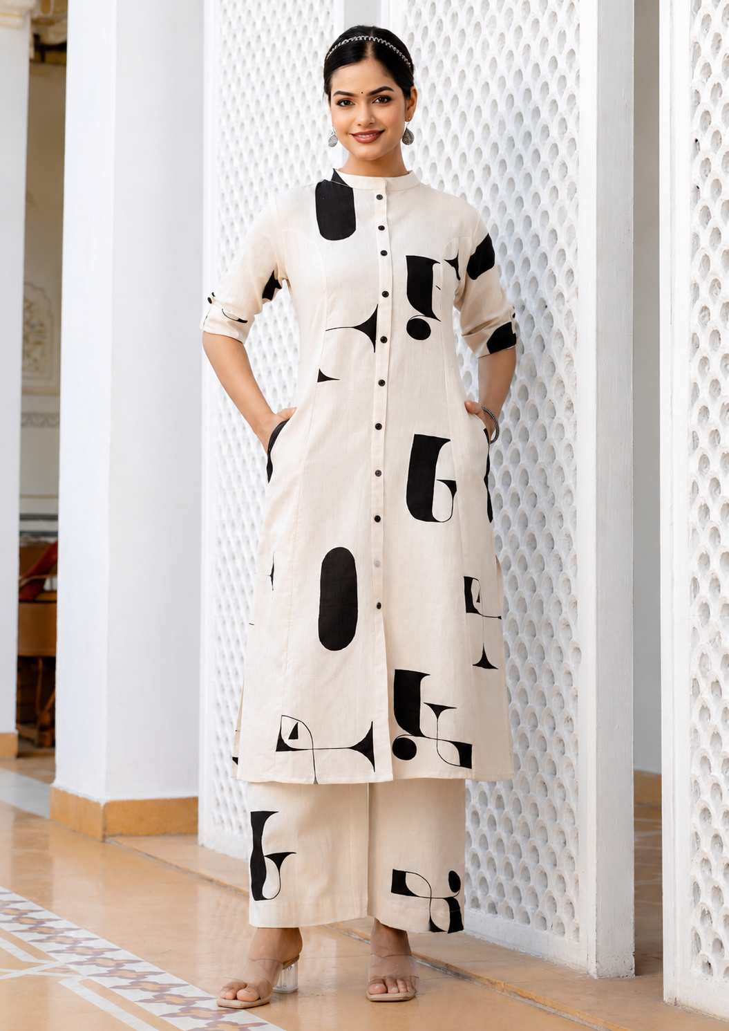 Natural Cotton Flex Printed Kurta Culotte 2-Piece Set with Side Pockets