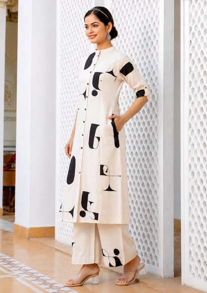 Natural Cotton Flex Printed Kurta Culotte 2-Piece Set with Side Pockets