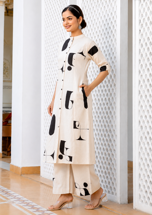 Natural Cotton Flex Printed Kurta Culotte 2-Piece Set with Side Pockets