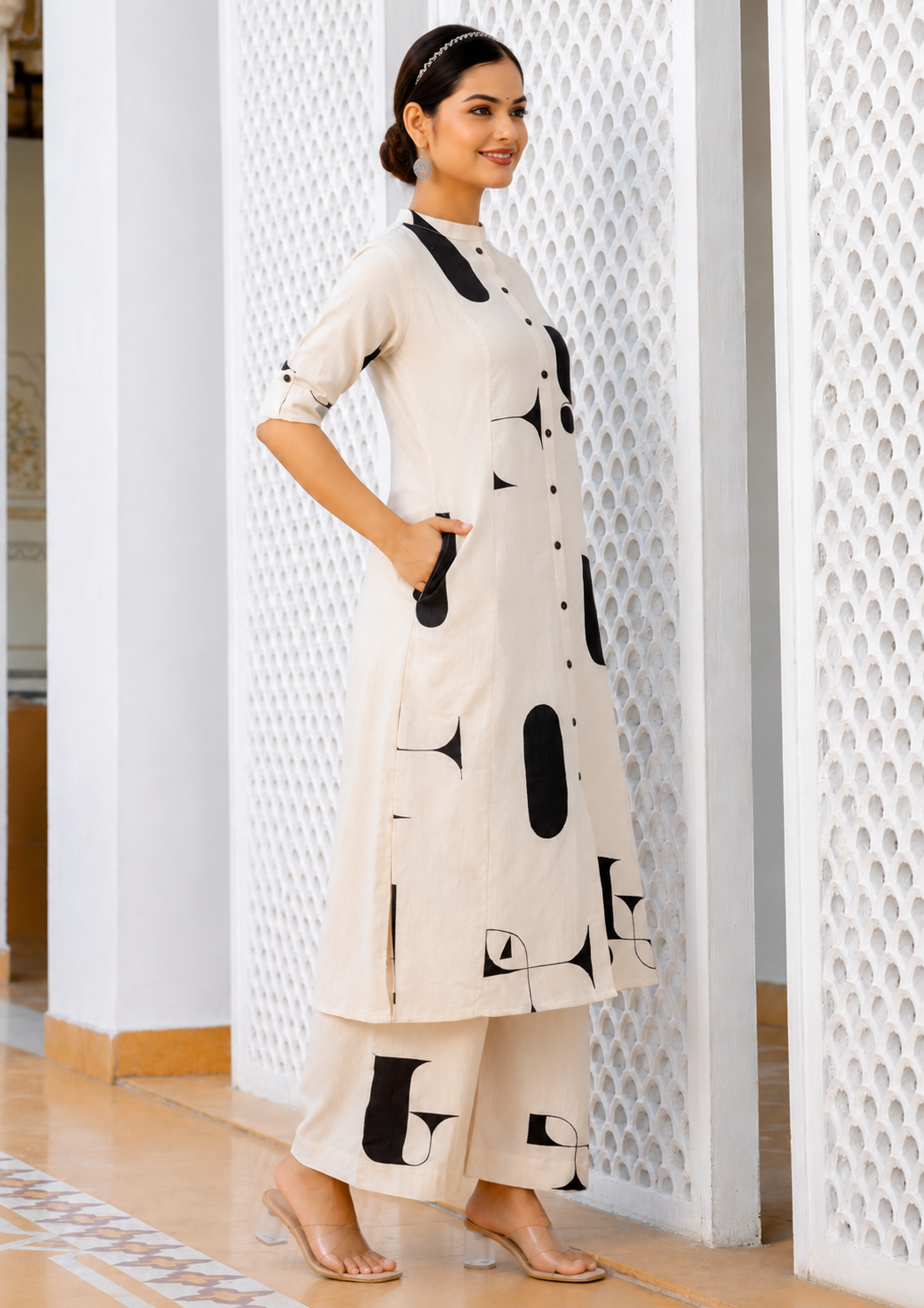 Natural Cotton Flex Printed Kurta Culotte 2-Piece Set with Side Pockets