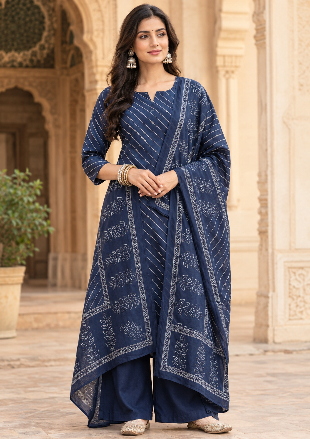 Blue Cotton A-Line Kurta Set with Palazzo & Printed Dupatta