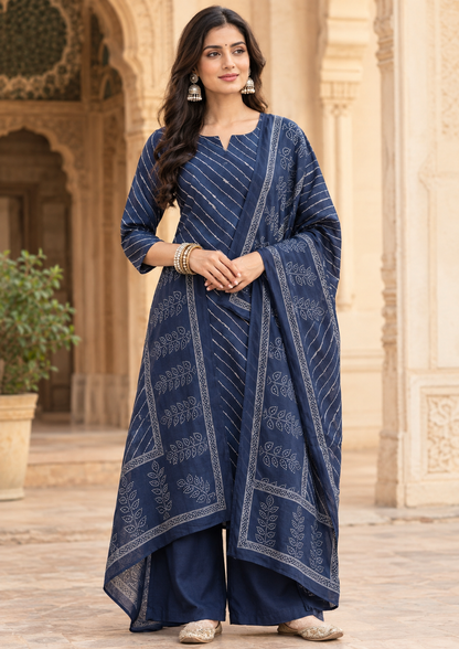 Blue Cotton A-Line Kurta Set with Palazzo & Printed Dupatta