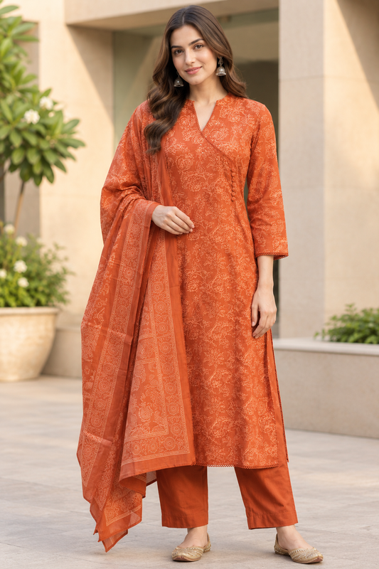 Rust Angrakha 3-Piece Cotton Suit with Sequins & Lacework