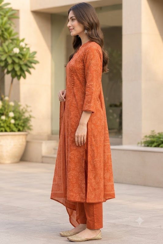 Rust Angrakha 3-Piece Cotton Suit with Sequins & Lacework
