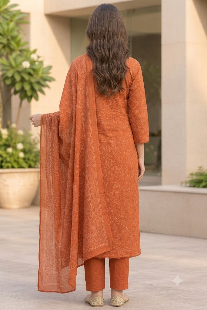 Rust Angrakha 3-Piece Cotton Suit with Sequins & Lacework