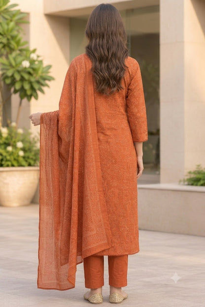 Rust Angrakha 3-Piece Cotton Suit with Sequins & Lacework