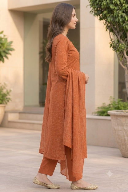 Rust Angrakha 3-Piece Cotton Suit with Sequins & Lacework