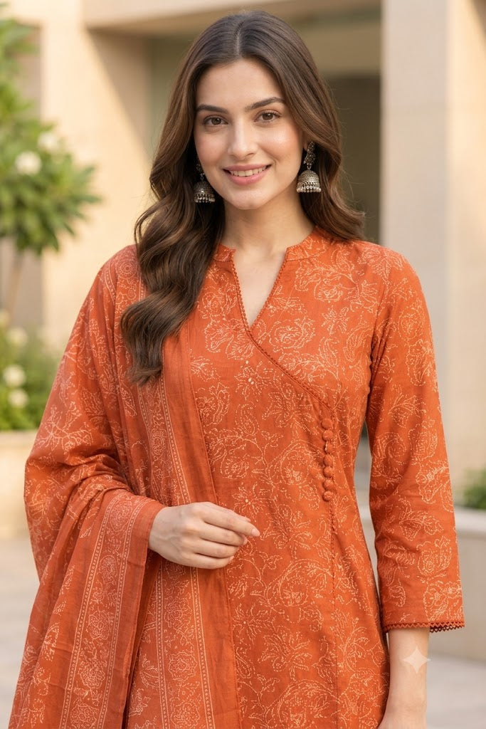 Rust Angrakha 3-Piece Cotton Suit with Sequins & Lacework