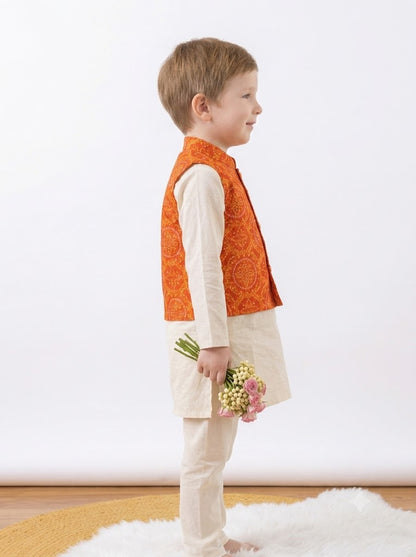 Boys Cotton Kurta Pyjama with Orange Bandhani Print Nehru Jacket – 3 Piece Ethnic Wear Set