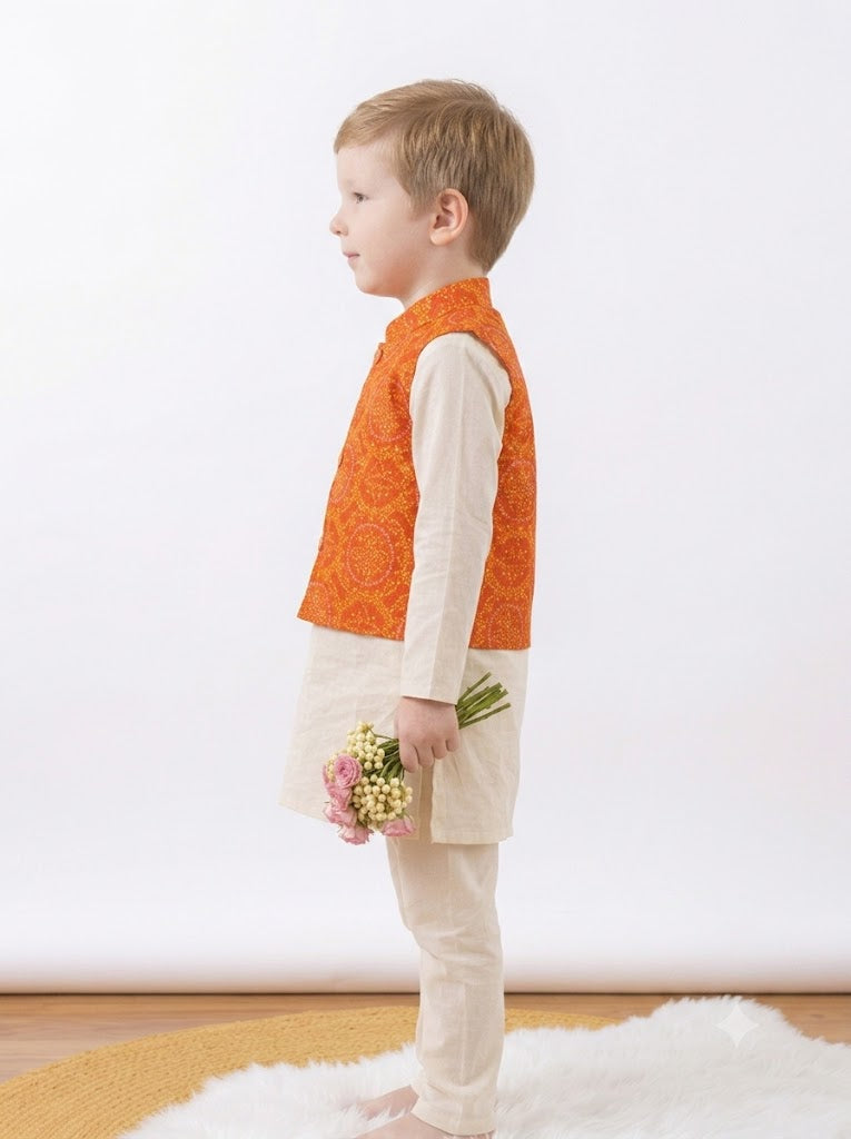 Boys Cotton Kurta Pyjama with Orange Bandhani Print Nehru Jacket – 3 Piece Ethnic Wear Set