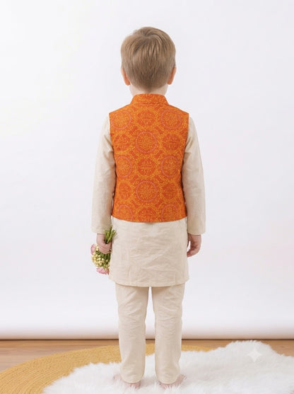 Boys Cotton Kurta Pyjama with Orange Bandhani Print Nehru Jacket – 3 Piece Ethnic Wear Set