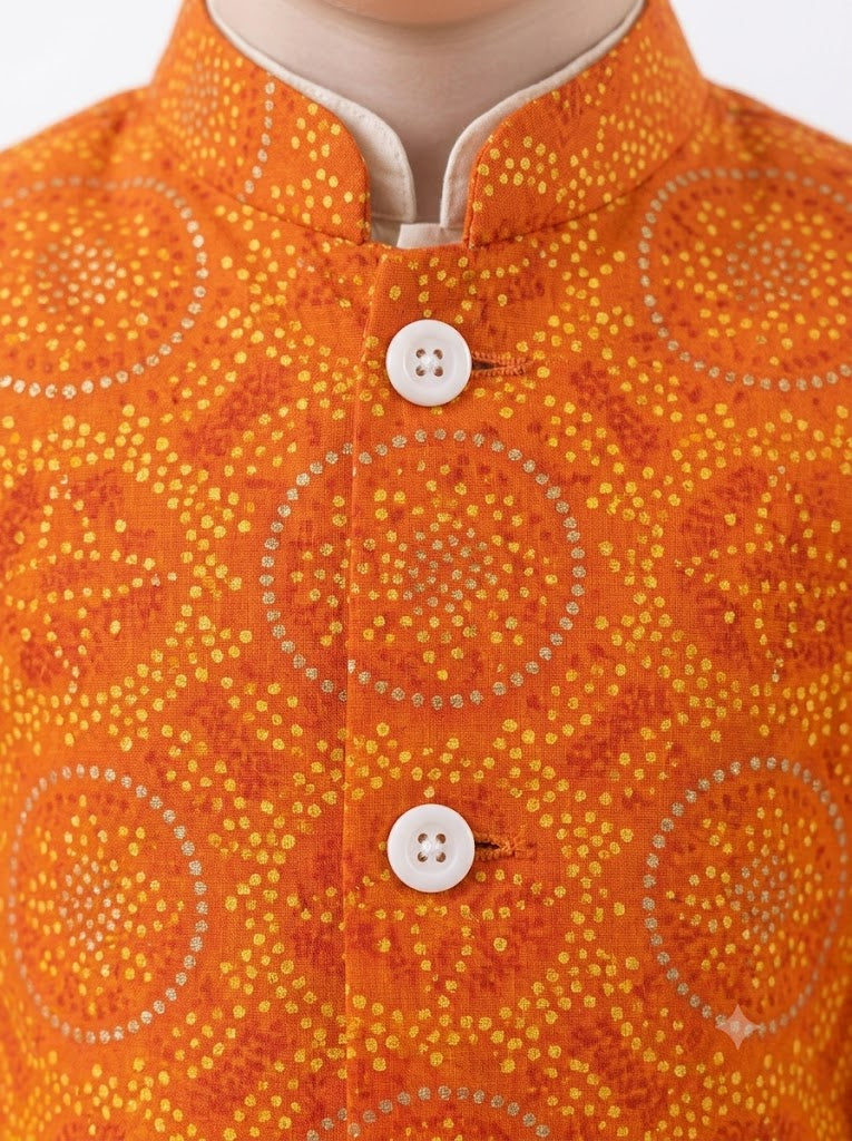 Boys Cotton Kurta Pyjama with Orange Bandhani Print Nehru Jacket – 3 Piece Ethnic Wear Set