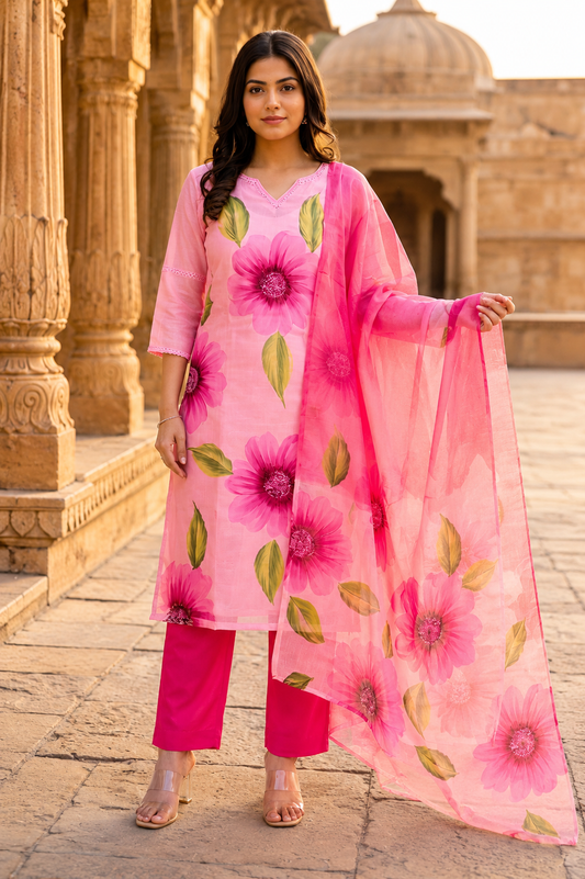Pink Floral Kota Doriya Suit Set with Dupatta for Women.