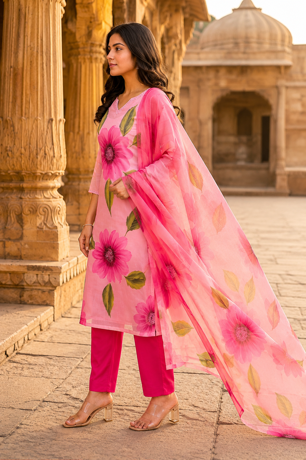 Pink Floral Kota Doriya Suit Set with Dupatta for Women. - Nakh Clothing