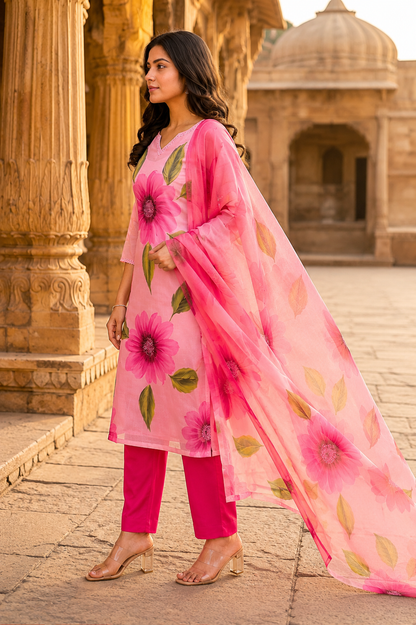 Pink Floral Kota Doriya Suit Set with Dupatta for Women. - Nakh Clothing