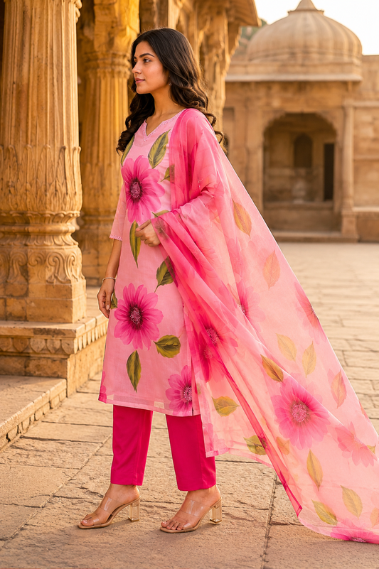 Pink Floral Kota Doriya Suit Set with Dupatta for Women.