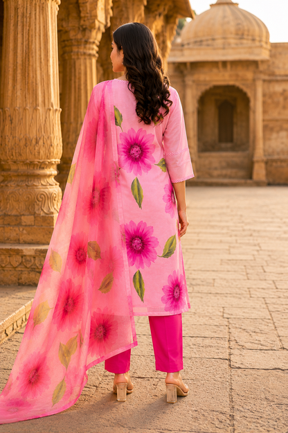 Pink Floral Kota Doriya Suit Set with Dupatta for Women. - Nakh Clothing