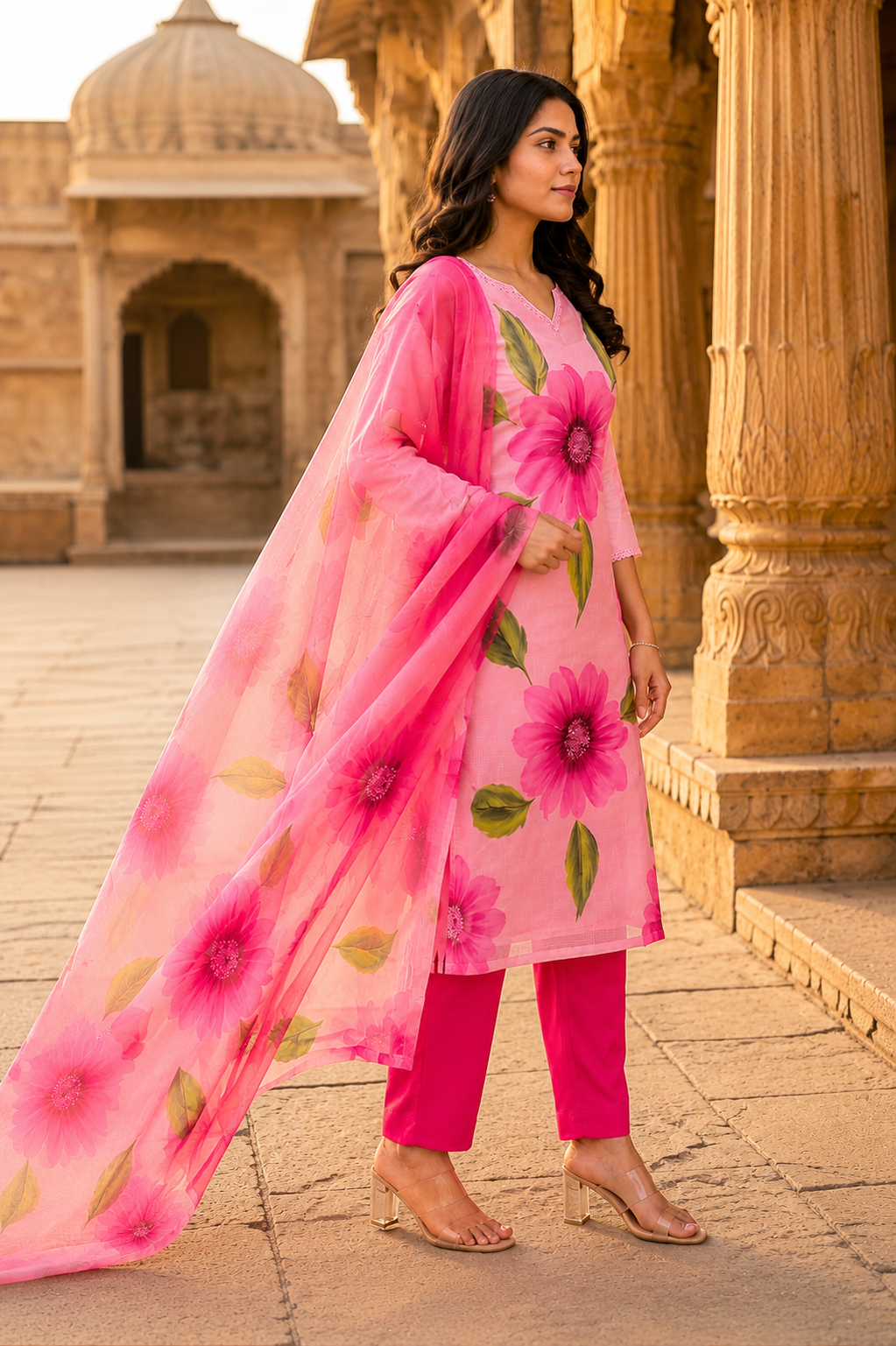 Pink Floral Kota Doriya Suit Set with Dupatta for Women. - Nakh Clothing