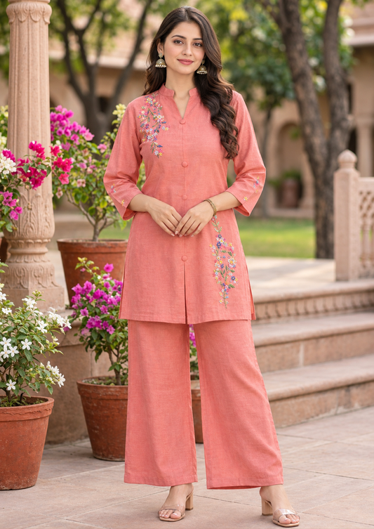 Peach Floral Handwork Co-ord Set – Vatican Fabric