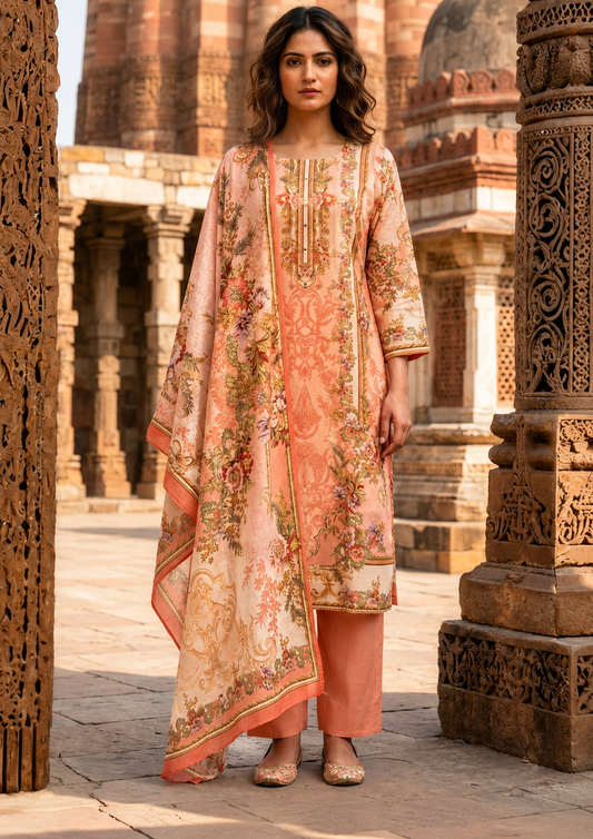 Peach Floral Printed Mul Cotton Suit Set with Dupatta for Women | Mirror Work Ethnic Wear