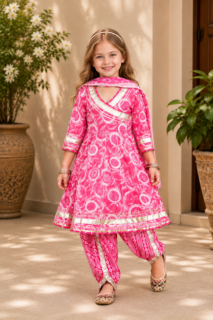 Girls Cotton Printed Kurti, Dhoti Pants & Dupatta Set