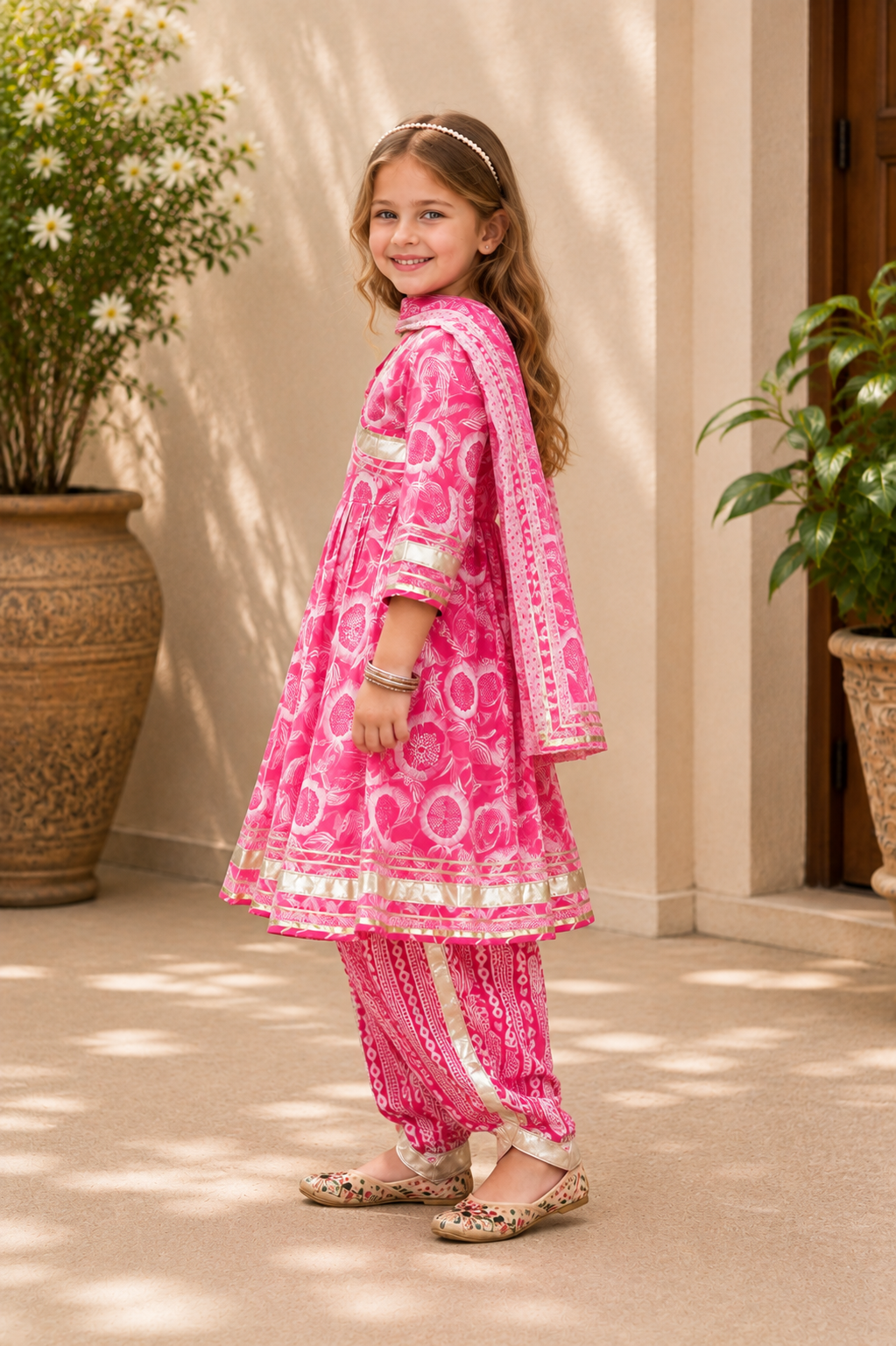 Girls Cotton Printed Kurti, Dhoti Pants & Dupatta Set