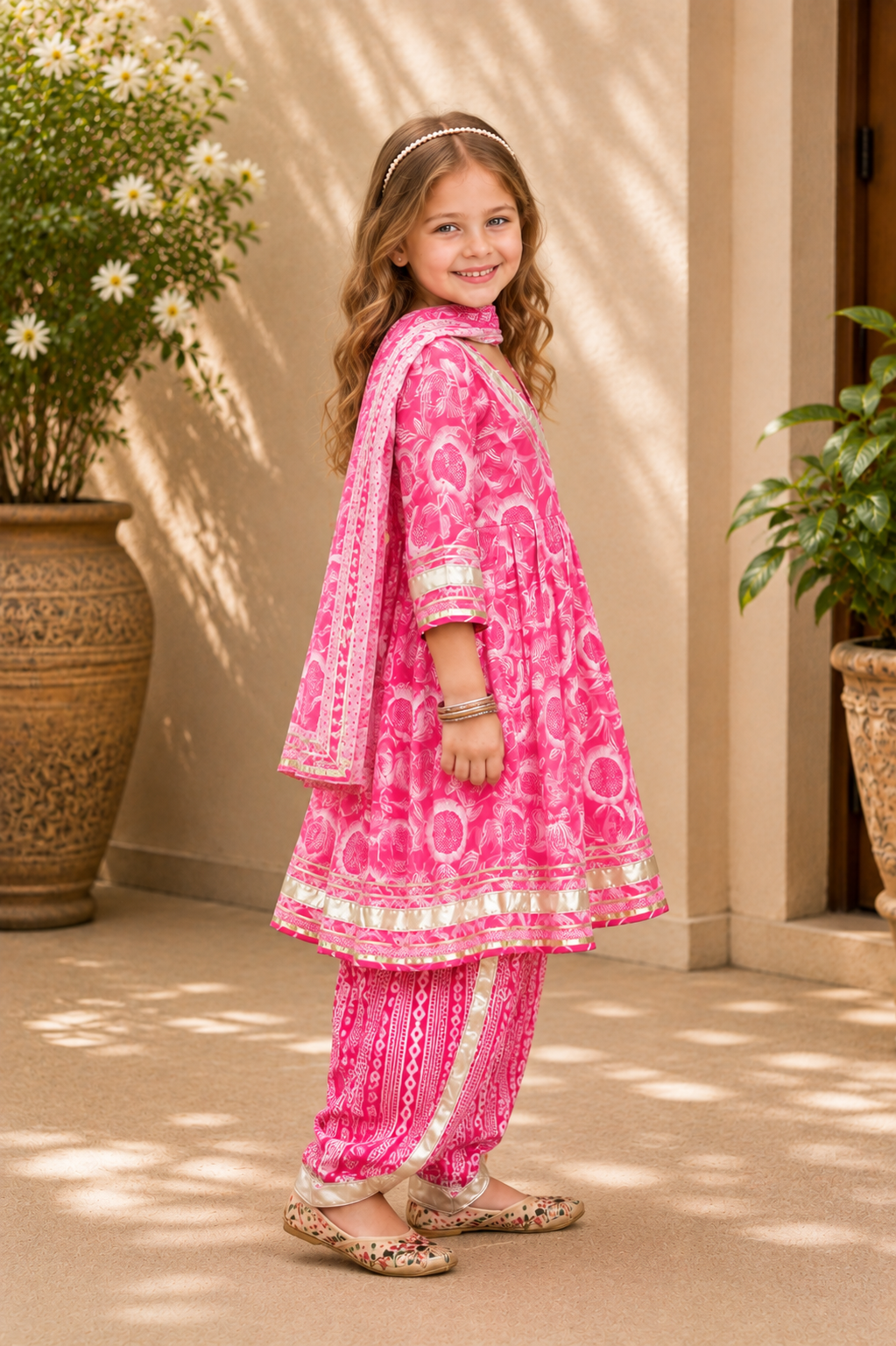 Girls Cotton Printed Kurti, Dhoti Pants & Dupatta Set