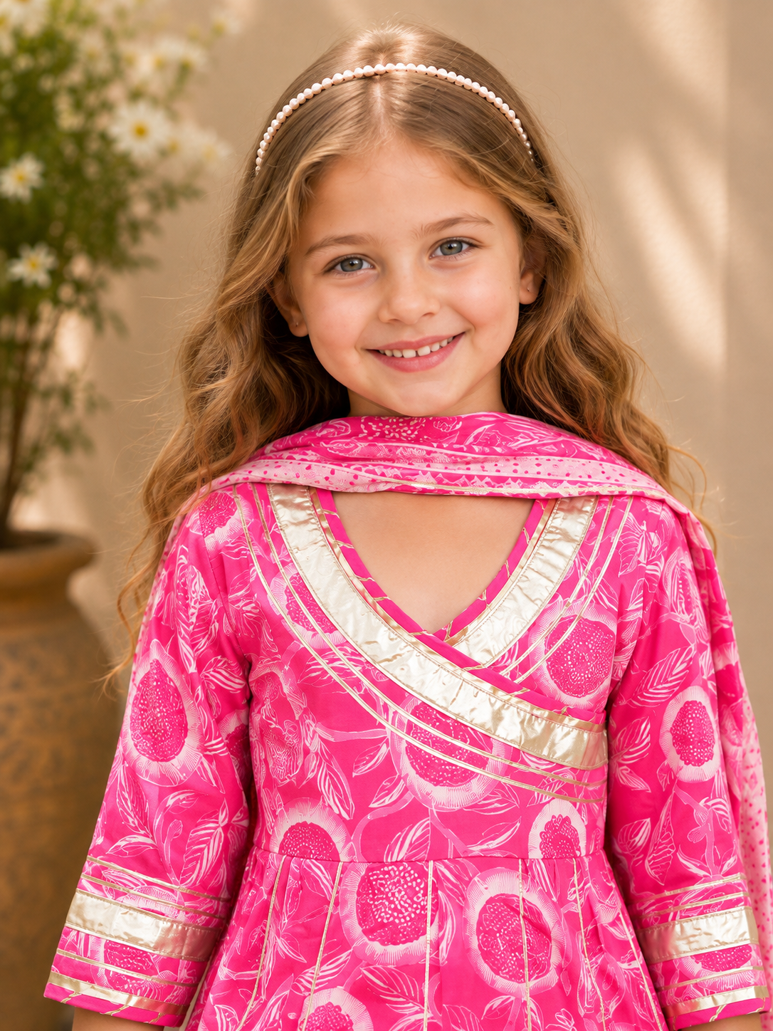 Girls Cotton Printed Kurti, Dhoti Pants & Dupatta Set
