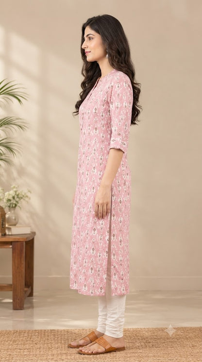 Printed Cotton Long Kurti for Women – Straight Fit, Mandarin Collar
