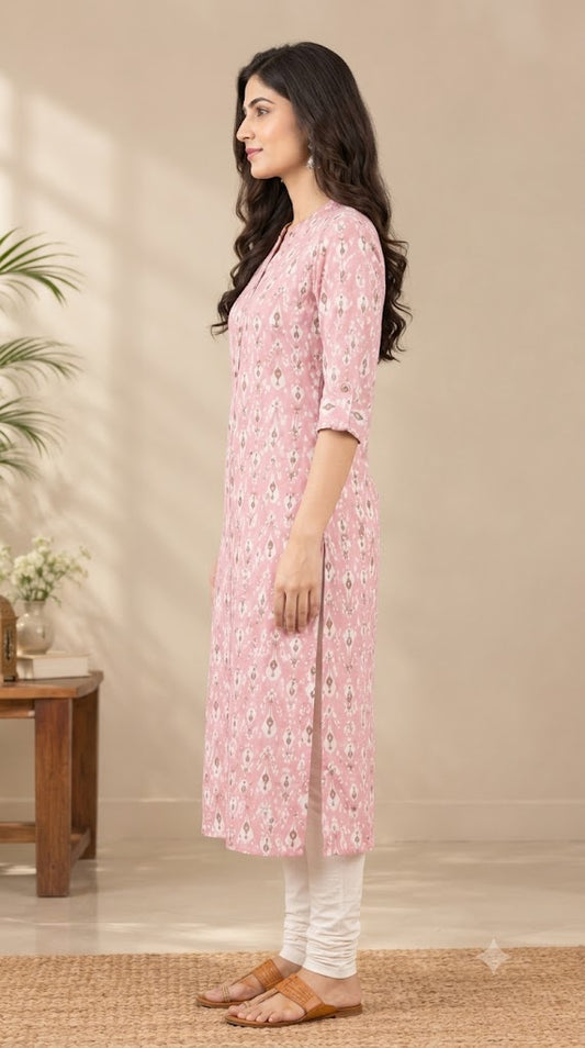 Printed Cotton Long Kurti for Women – Straight Fit, Mandarin Collar